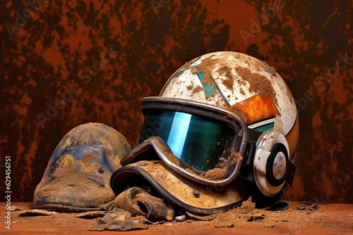 Fototapeta jockeys helmet and goggles with dirt splatters