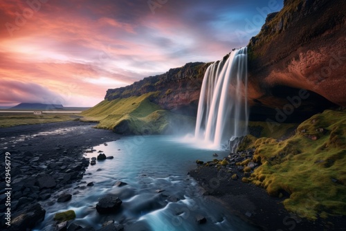 a beautiful waterfall in a mountainous area. the beauty of nature. generative ai. © robertuzhbt89