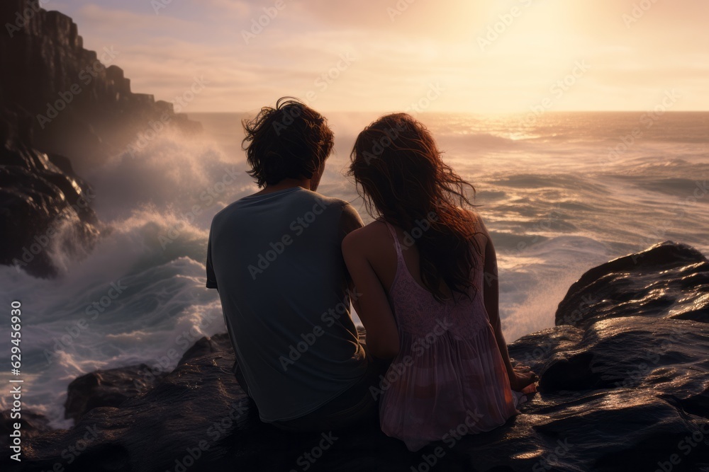 a boy and a girl in love on a rocky shore. Travel concept. generative ai.