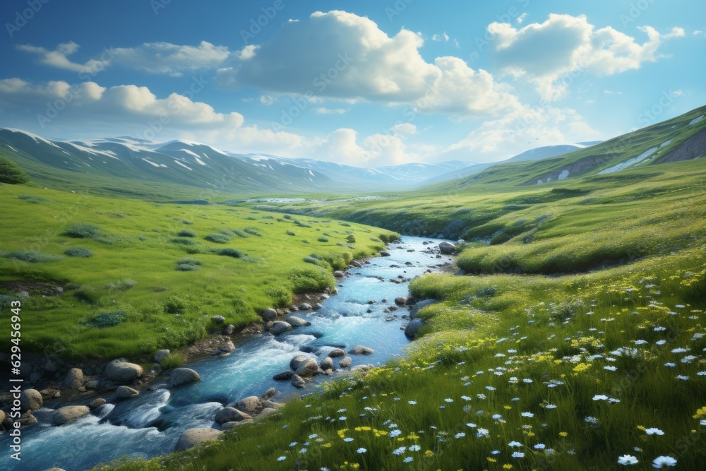 Obraz premium a green valley with flowers and hills on which a stream flows in a mountainous area. Beautiful landscape. generative ai.