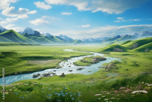 a green valley with flowers and hills on which a stream flows in a mountainous area. Beautiful landscape. generative ai.