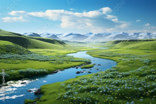 a green valley with flowers and hills on which a stream flows in a mountainous area. Beautiful landscape. generative ai.