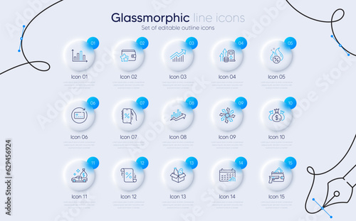 Set of Hot loan, Cash transit and Diagram graph line icons for web app. Loyalty program, Versatile, Check investment icons. Discounts app, Fuel price, Loan percent signs. Renew card. Vector