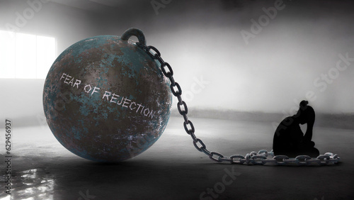 Fear of rejection - a metaphorical view of a woman struggle with fear of rejection. Trapped alone and chained to a burden of Fear of rejection. Constant and strenuous fight.,3d illustration