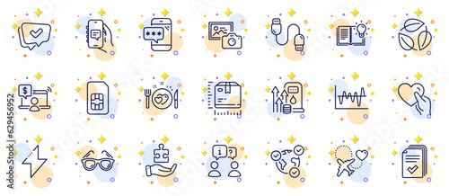 Outline set of Fuel price, Charging cable and Sunglasses line icons for web app. Include Product knowledge, Honeymoon travel, Energy pictogram icons. Package size, Chat app, Handout signs. Vector