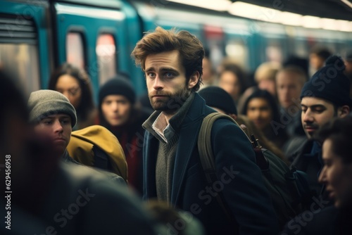 a boy in the crowd near the train. Travel concept. generative ai.