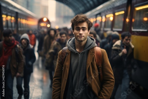 a boy in the crowd near the train. Travel concept. generative ai.