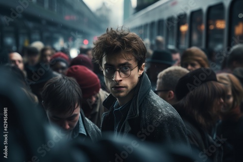 a boy in the crowd near the train. Travel concept. generative ai. © robertuzhbt89