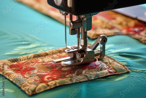 sewing machine presser foot stitching fabric photo