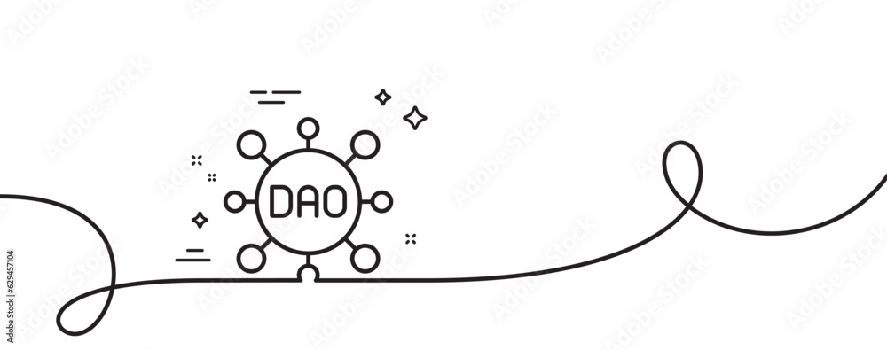 Dao line icon. Continuous one line with curl. Decentralized autonomous organisation sign. Blockchain technology symbol. Dao single outline ribbon. Loop curve pattern. Vector Dao line icon. Continuous one line with curl. Decentralized autonomous organisation sign. Blockchain technology symbol. Dao single outline ribbon. Loop curve pattern. Vector