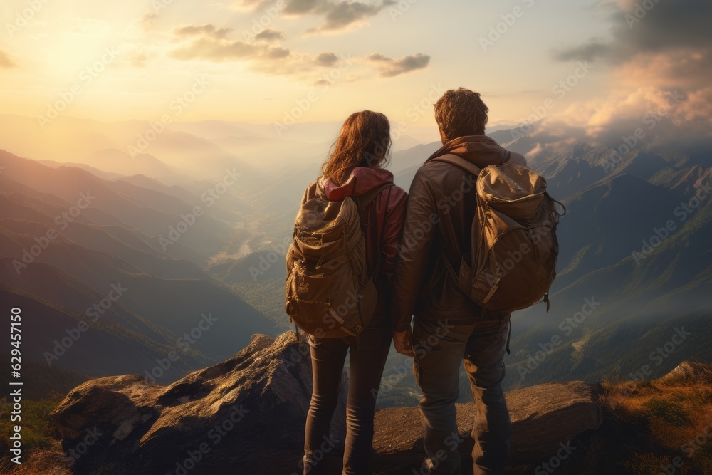 Travel concept. A man and a woman in mountain gear on top of the mountains. generative ai.