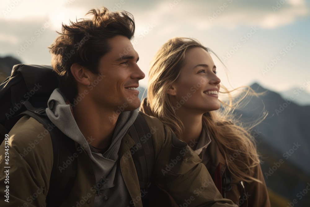 Travel concept. A man and a woman in mountain gear on top of the mountains. generative ai. Travel concept. A man and a woman in mountain gear on top of the mountains. generative ai.
