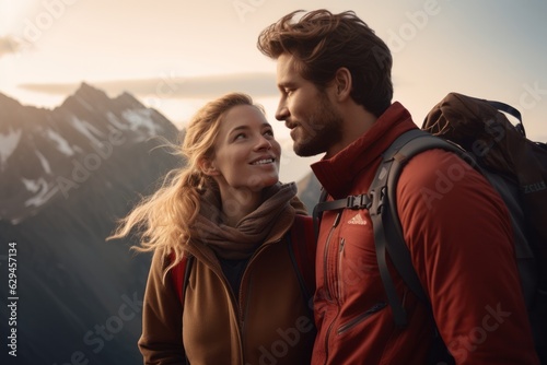 Travel concept. A man and a woman in mountain gear on top of the mountains. generative ai.