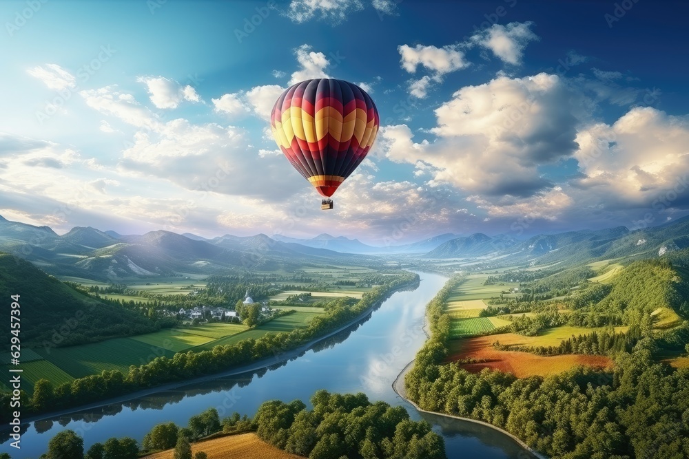 Fototapeta premium Beautiful view of mountains and lake, aerostat fly hot baloon