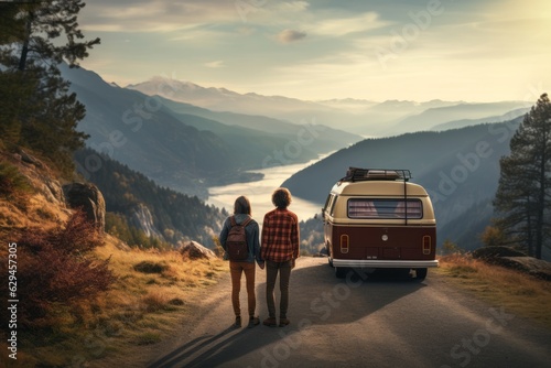A man and a woman travel in a motorhome on a beautiful landscape. generative ai.