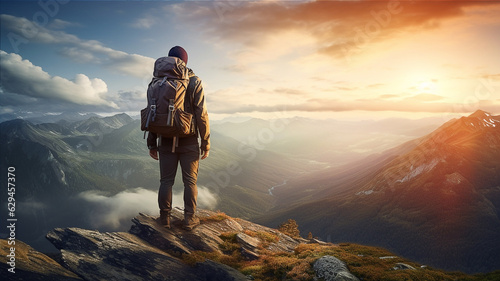 Hiker with backpack standing on top of mountain and looking at valley with morning sunlight. Generative AI © Sewupari Studio