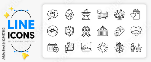 Map, Ice cream and Buyer line icons set for app include Fireworks stars, Account, Father day outline thin icon. Carousels, Bicycle prohibited, Fireworks rocket pictogram icon. Vector