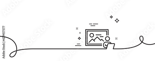 Photo studio line icon. Continuous one line with curl. Image photography sign. Picture placeholder symbol. Photo studio single outline ribbon. Loop curve pattern. Vector