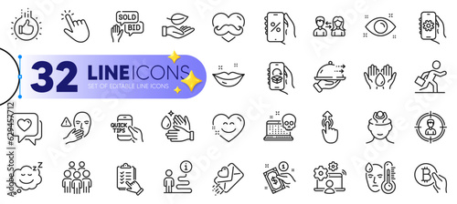 Outline set of Checklist, Lips and Bid offer line icons for web with Health eye, Safe water, People communication thin icon. Cyber attack, Online job, Dont touch pictogram icon. Vector