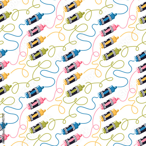 A pattern with painted colored wax pencils for writing and doodles. Bright stripes in a row. Cartoon colored pencils. Stylish elements of school, office creative design. Vector. Printed packaging