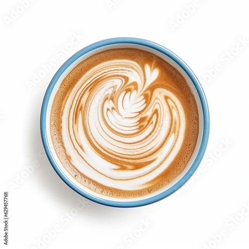 Top view of hot coffee cappuccino latte cup on blue ceramic saucer with stirred spiral milk foam isolated on white background, clipping path included