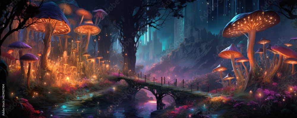 Magic mushroom pattern in fairy tale woods, nature wallpaper, panorama. Generative Ai.