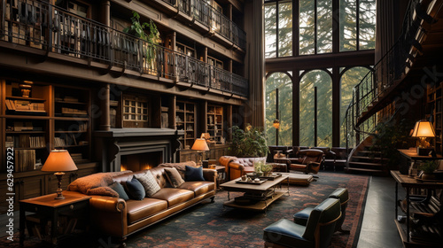 A grand library with floor-to-ceiling bookshelves, cozy reading nooks, and soft ambient lighting 