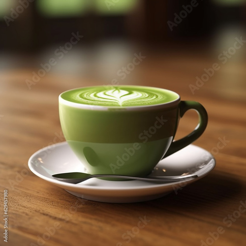 Japanese matcha green tea latte on wood background , generative ai