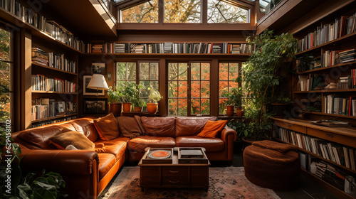 A cozy library with warm-toned furnishings, plush carpets, and shelves adorned with potted plants 