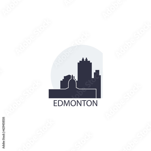 Canada Edmonton cityscape skyline capital city panorama vector flat modern logo icon. Canadian Alberta province emblem idea with landmarks and building silhouettes at sunrise sunset