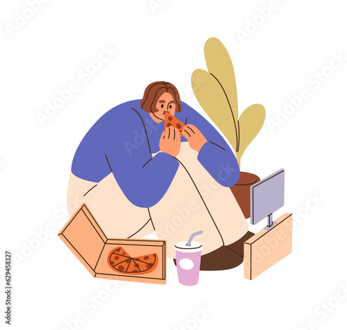 Woman eating pizza, watching movie on TV at home. Person with fat fast food and television, spending time alone. Girl relaxing at leisure weekend. Flat vector illustration isolated on white background