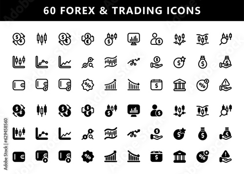 60 Forex and Trading Icons with style solid and line. Vector Illustration.