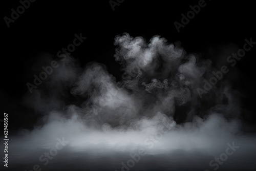 Studio show with white smoke on black background. Abstract backdrop. Modern and classic style.  Product presentation with copy space photo