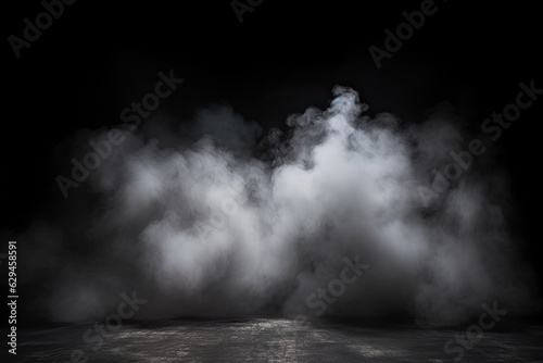 Studio show with white smoke on black background. Abstract backdrop. Modern and classic style. Product presentation with copy space