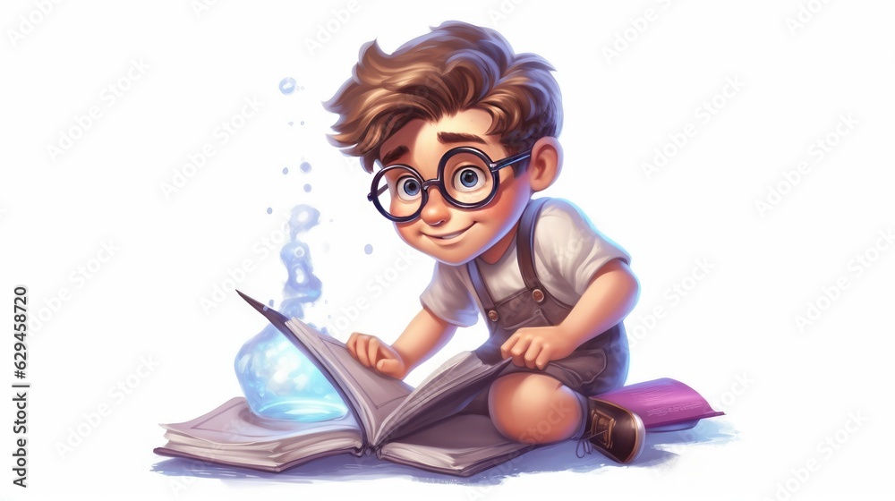 A little boy in glasses holds an open book in his hands on a white background. A little boy in glasses holds an open book in his hands on a white background.