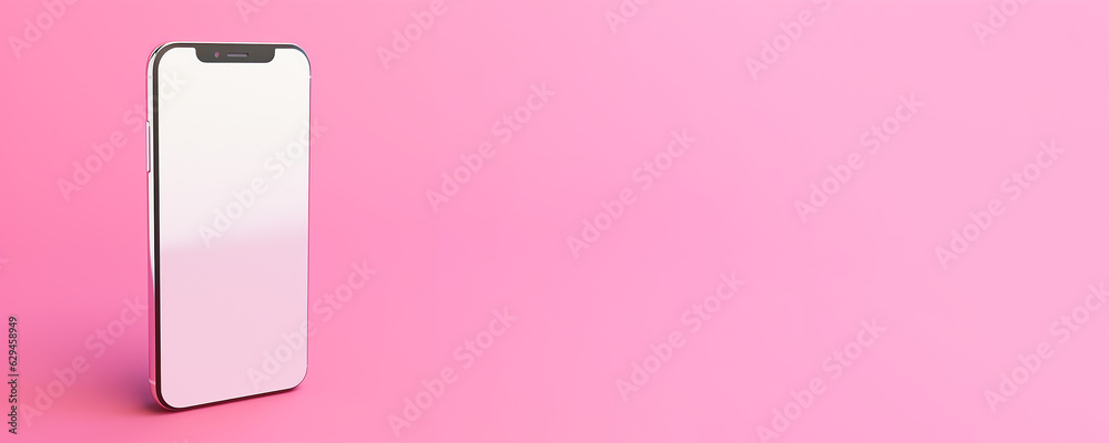 Smartphone device isolated on pink background with copy space. Generative AI banner Smartphone device isolated on pink background with copy space. Generative AI banner