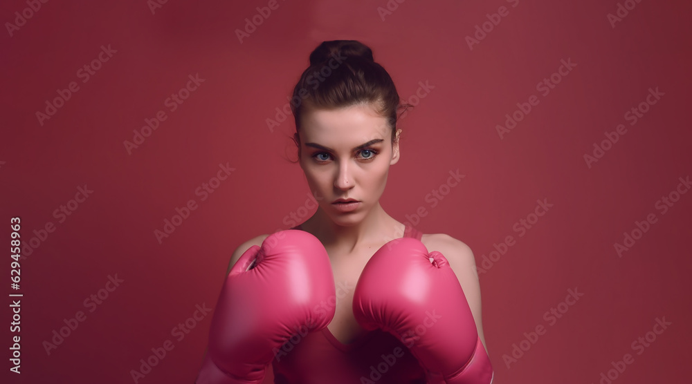 Beautiful woman wear pink sport shirt and wear pink boxing grove ready to exercise for healthy and wellbeing and to encourage for Breast cancer campaign. Beautiful woman wear pink sport shirt and wear pink boxing grove ready to exercise for healthy and wellbeing and to encourage for Breast cancer campaign.