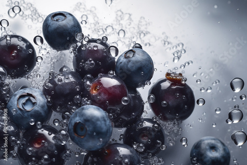 Fresh blueberries dropped in water with air bubbles ,splash by water.