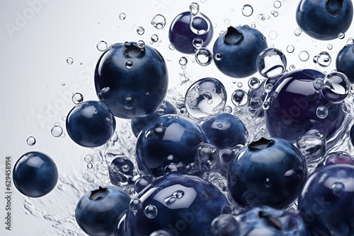 Fresh blueberries dropped in water with air bubbles ,splash by water.