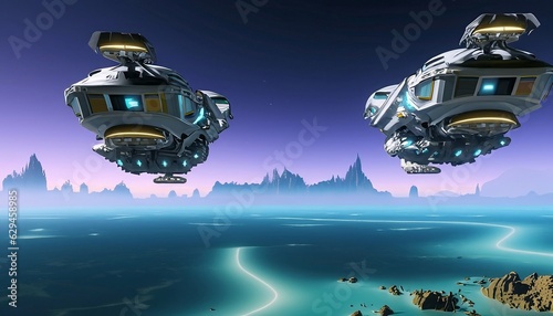 futuristic sci-fi battle spaceship hovering over an acid ocean on an alien planet
