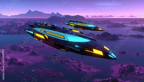 futuristic sci-fi battle spaceship hovering over an acid ocean on an alien planet
