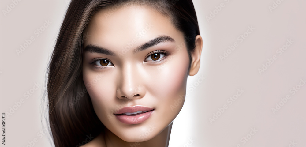 close up Pretty supermodel woman with luxury make-up and naked shoulders, looking at camera and smiling,A SKincare and beauty concept.