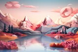 Landscape with big shaped mountains and blue large clean lake, colorful wallpaper.