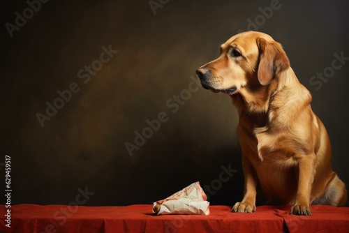 dog drooling beside empty treat wrapper