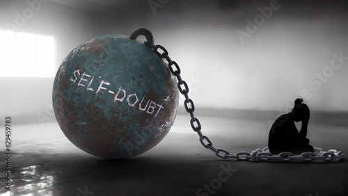 Fototapeta Naklejka Na Ścianę i Meble -  Self doubt - a metaphorical view of a woman struggle with self doubt. Trapped alone and chained to a burden of Self doubt. Constant and strenuous fight.,3d illustration