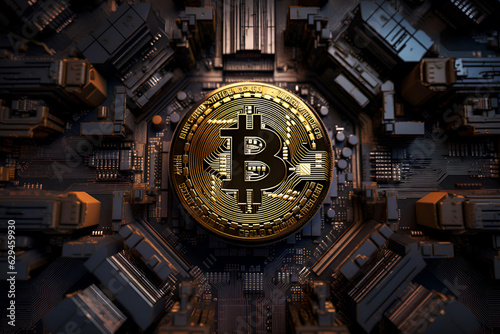 Bitcoin symbol against the backdrop of a computer board