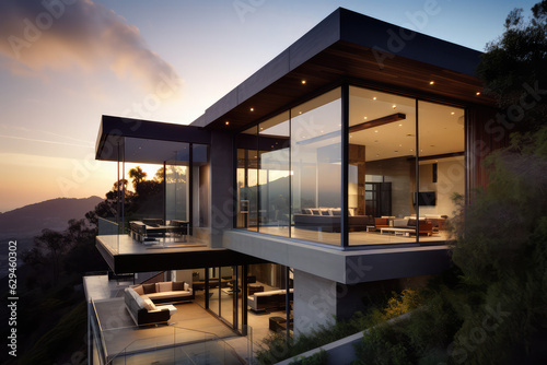 Beautiful modern house in the mountains of Los Angeles with a beautiful sunset view © Kien