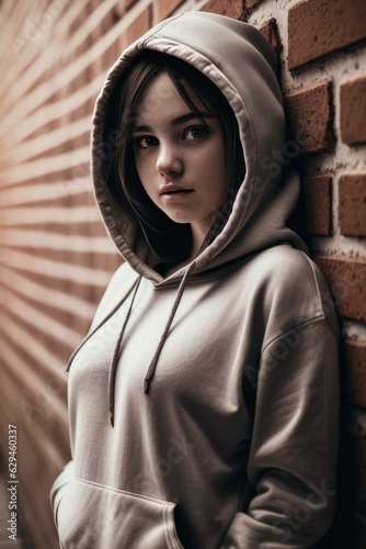 City portrait of handsome hipster girl with blank hoodie or hoody