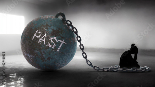 Past - a metaphorical view of a woman struggle with past. Trapped alone and chained to a burden of Past. Constant and strenuous fight.,3d illustration