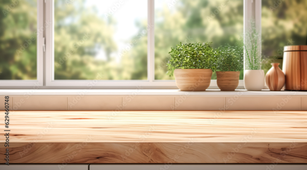 Selective focus.Wood desk counter bar in cozy kitchen with window green garden view.food and drink background.ai generated images Selective focus.Wood desk counter bar in cozy kitchen with window green garden view.food and drink background.ai generated images